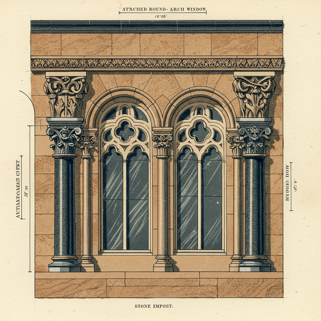 Detail of short heavy attached granite columns with carved foliate capitals flanking arched windows