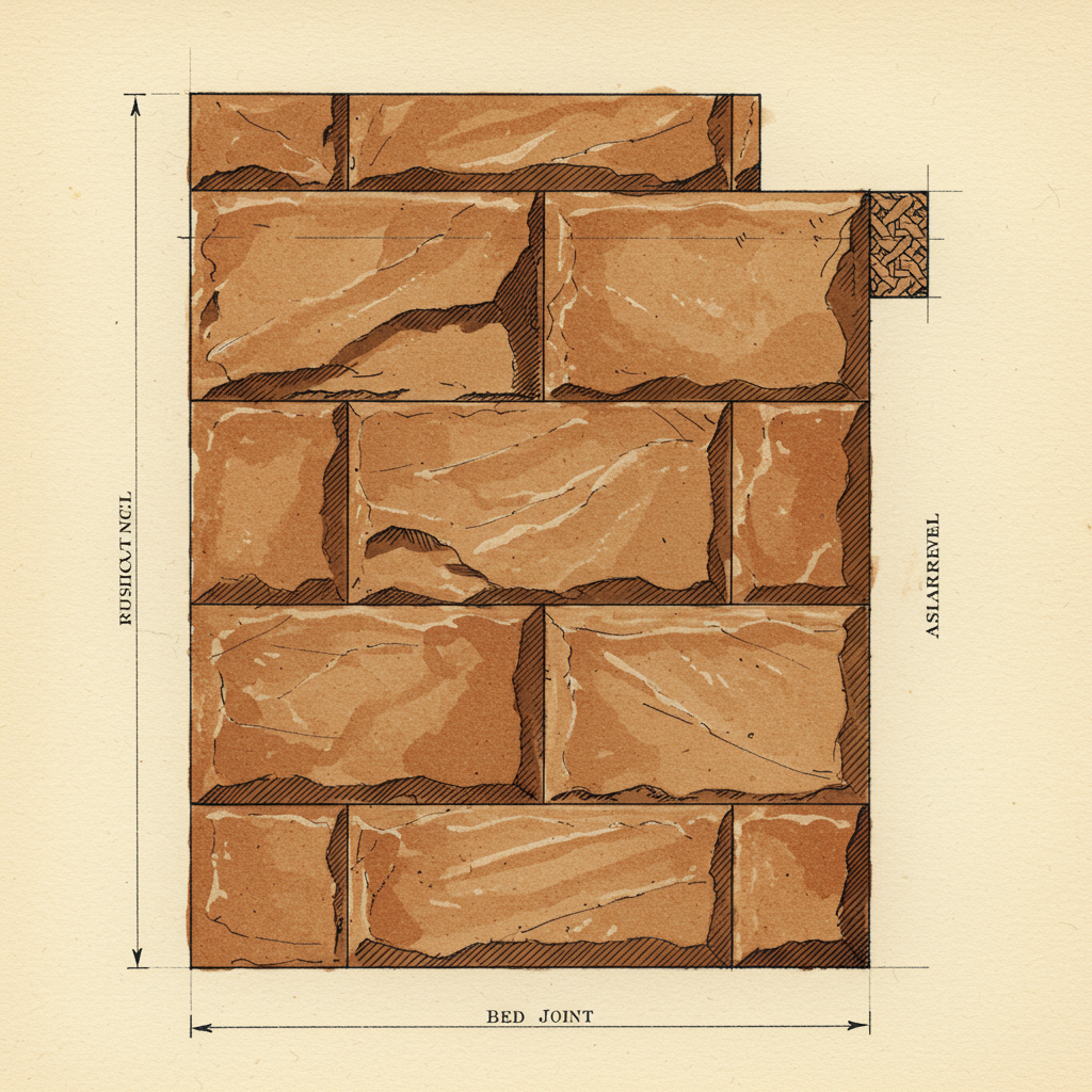 Detail of rough-faced rusticated sandstone walls in regular horizontal courses with deep shadowed joints