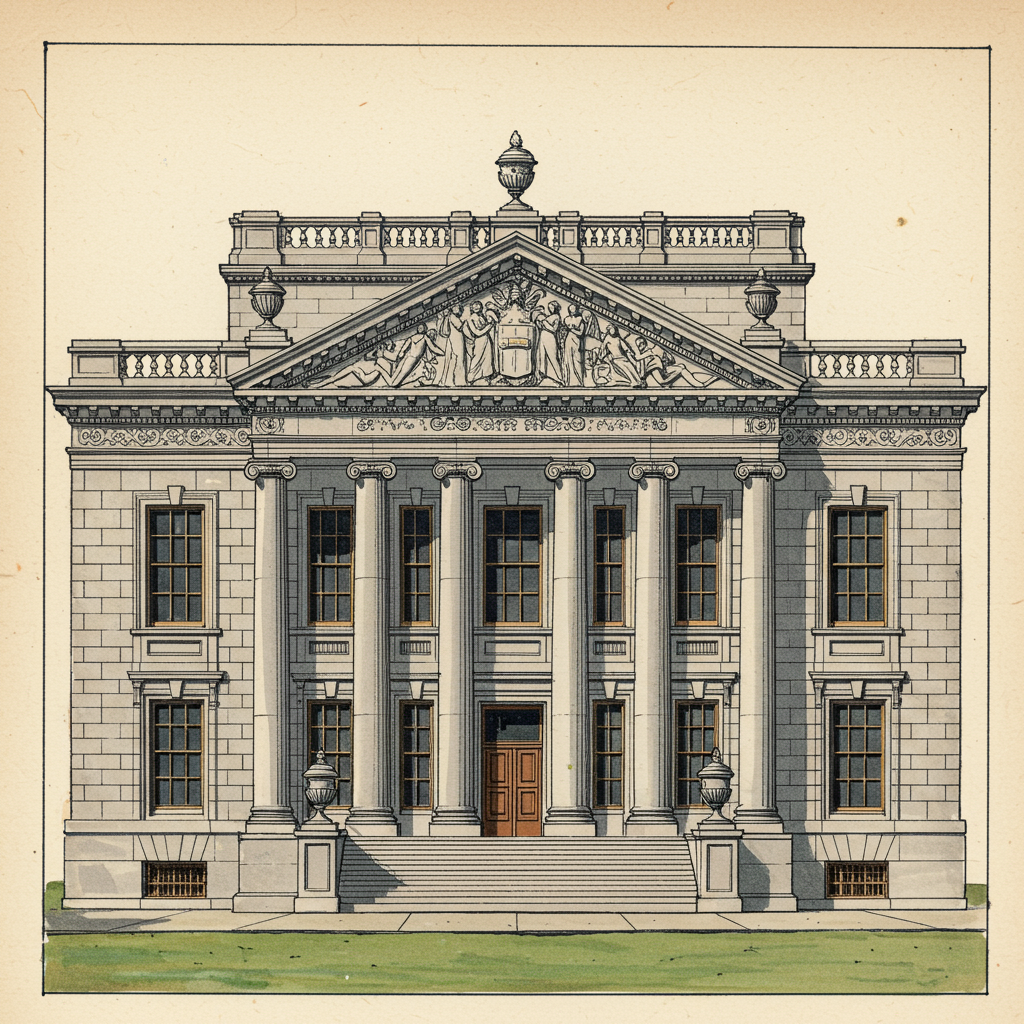 A Beaux-Arts civic building with smooth limestone, Corinthian colonnades, and classical pediment