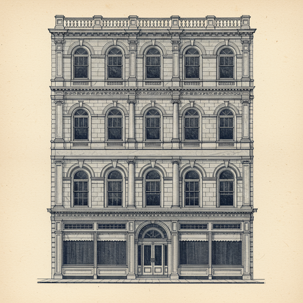 A Renaissance Revival palazzo with smooth ashlar masonry and paired arched windows