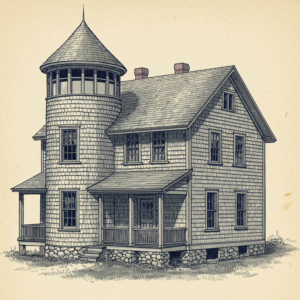 A Shingle style summer cottage with continuous cedar shingle skin and sweeping low rooflines