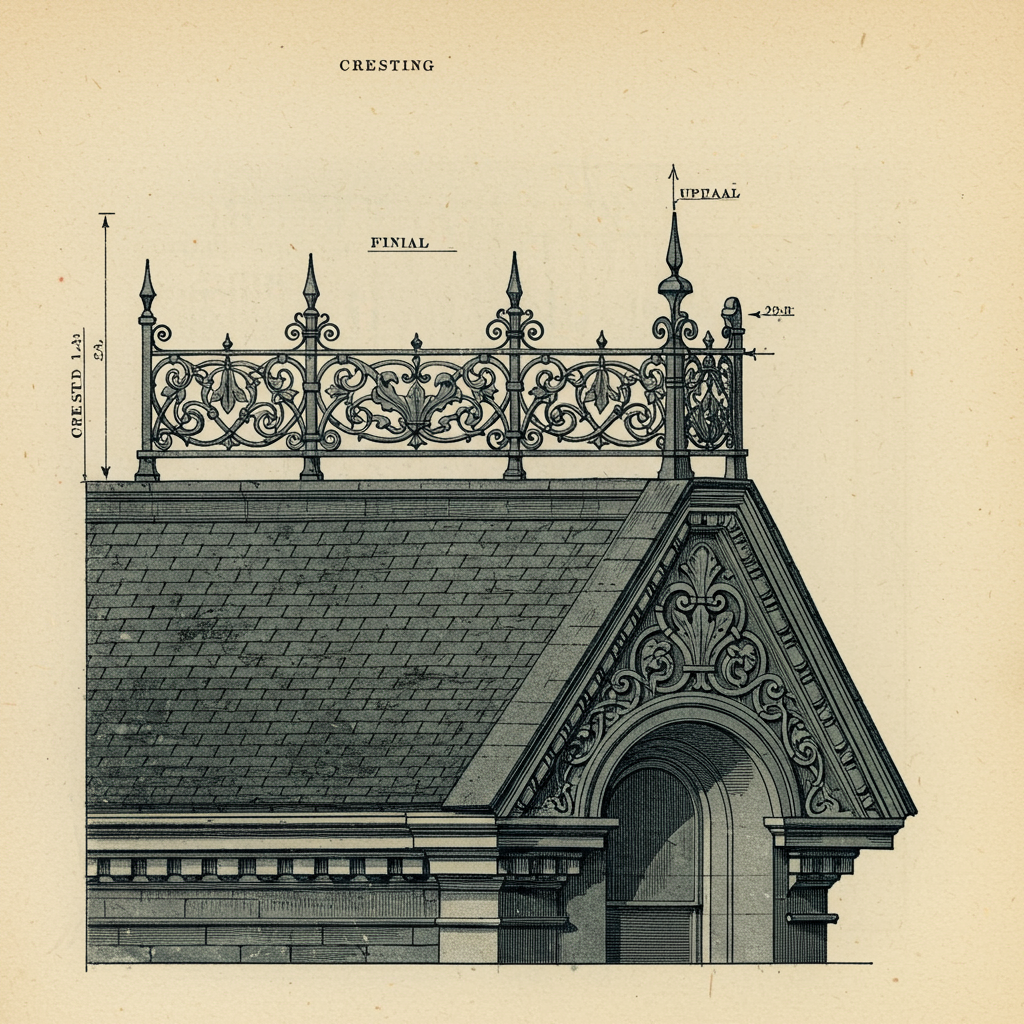 Detail of decorative wrought-iron cresting along the top of a mansard roof