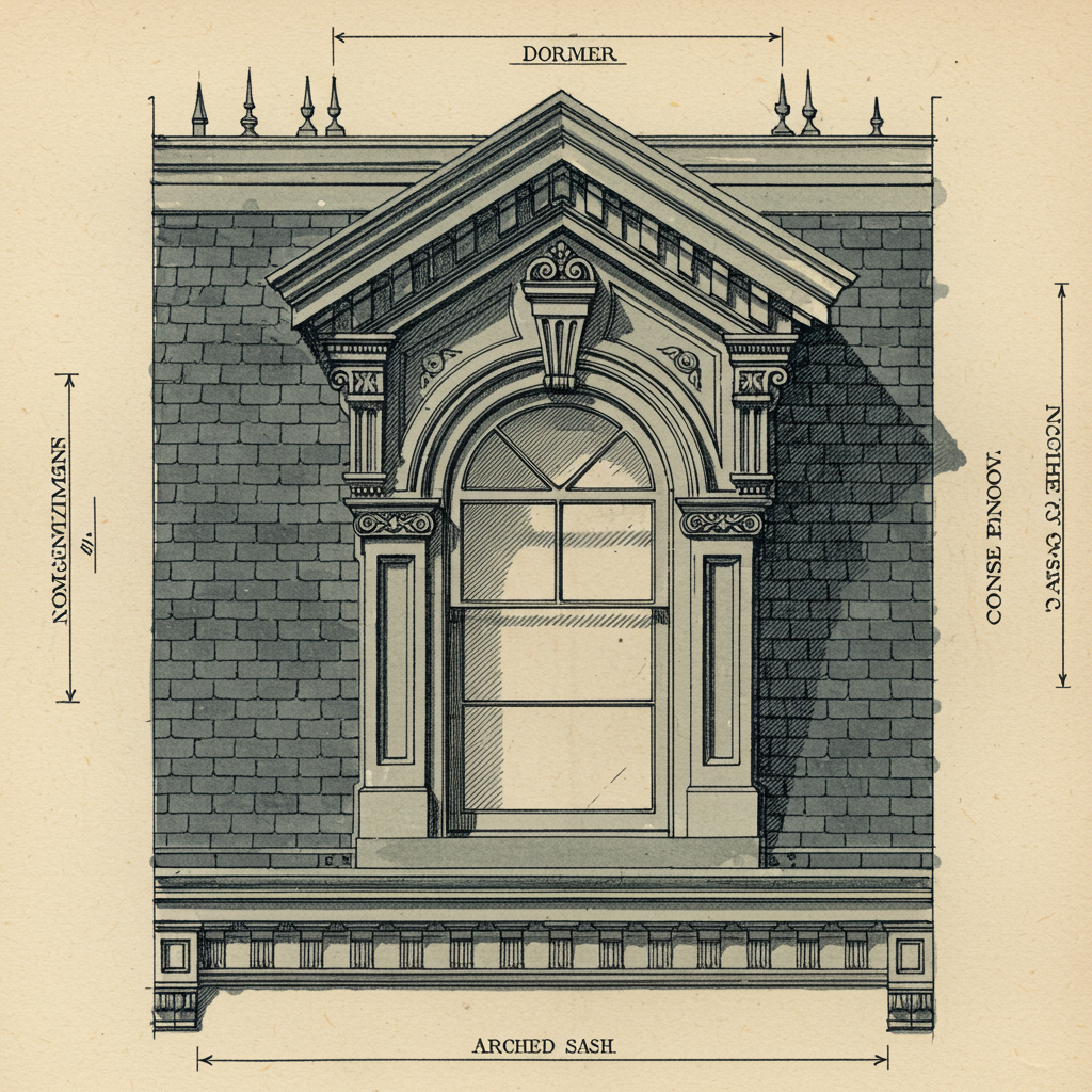 Detail of a Second Empire mansard dormer with segmental pediment cap and bracketed surround