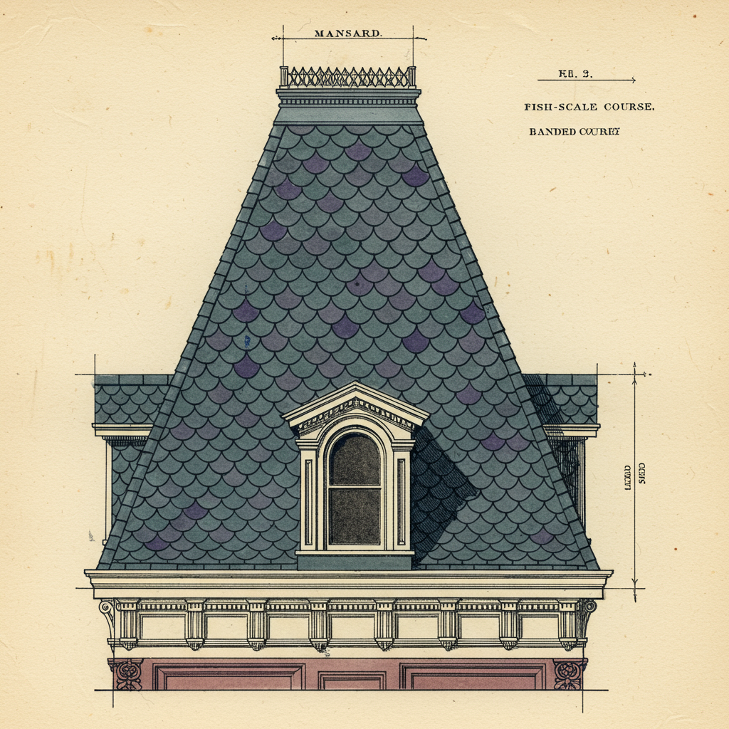 Detail of a steep four-sided mansard roof in patterned slate