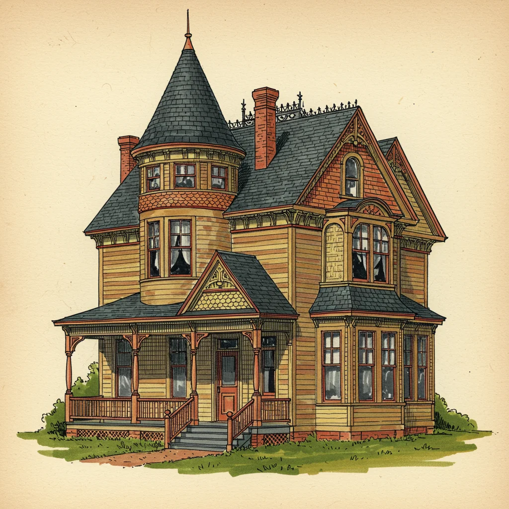 A Queen Anne house with asymmetric massing, a corner tower, and varied wall textures
