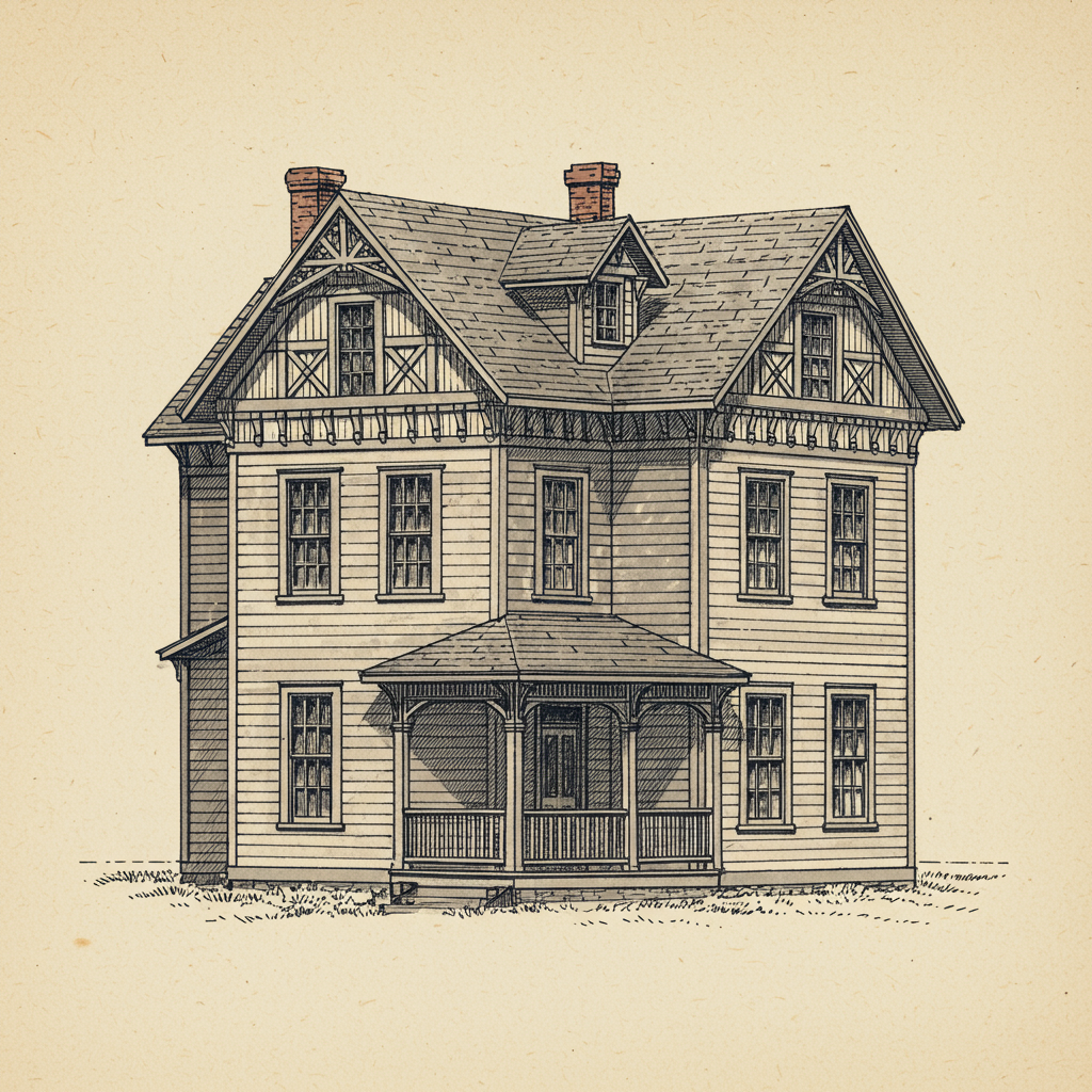 A Stick style house with exposed decorative timber framing across the wall plane