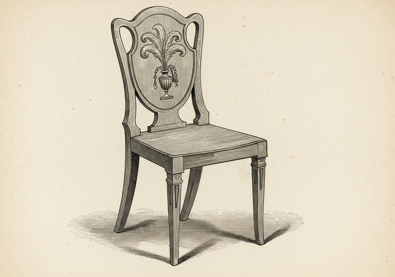 A Hepplewhite shield-back chair — the immediate predecessor in the English neoclassical succession