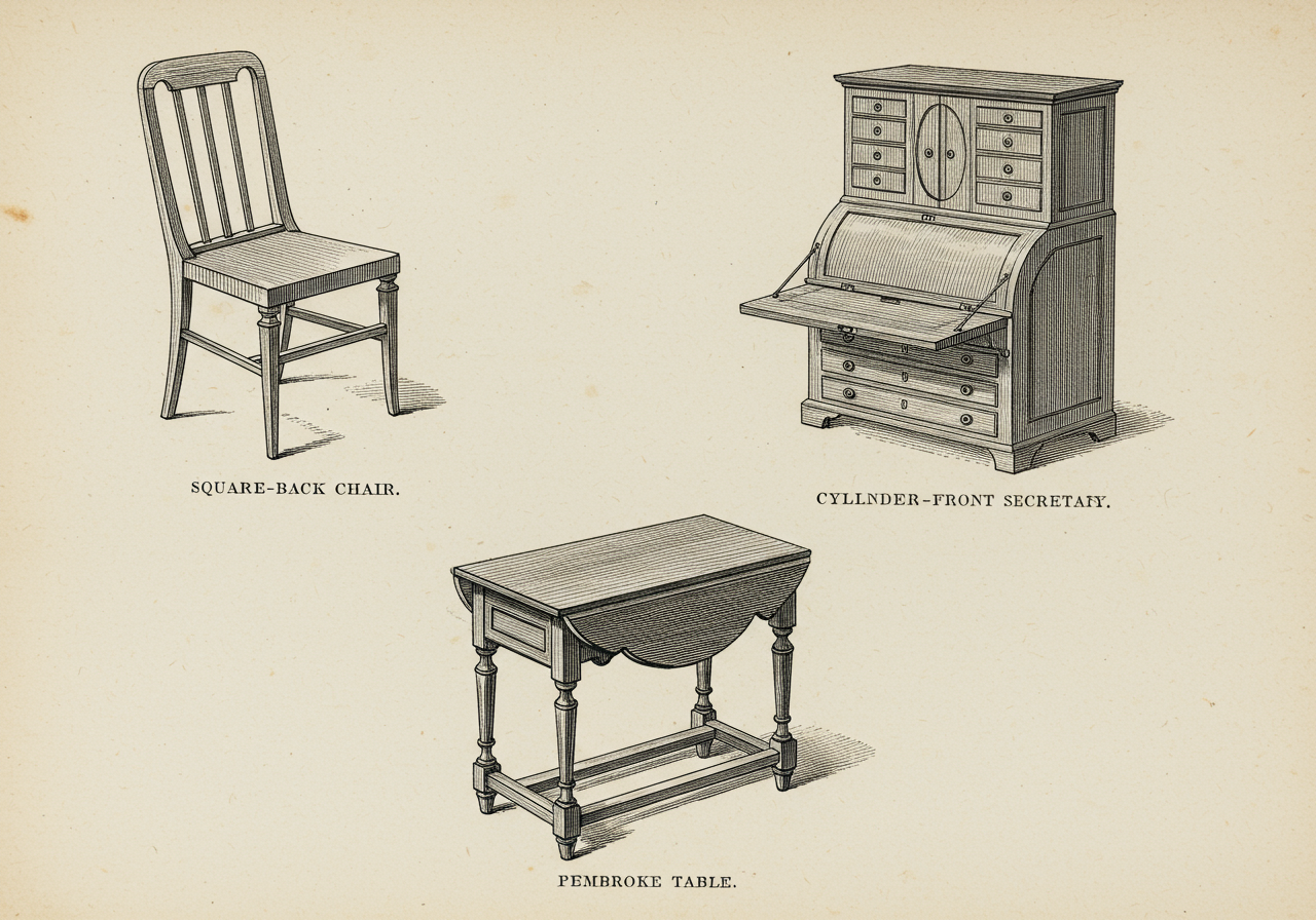 A page from Sheraton's 1791 Drawing-Book — rectangular-back chair, secretary, library table, dressing table