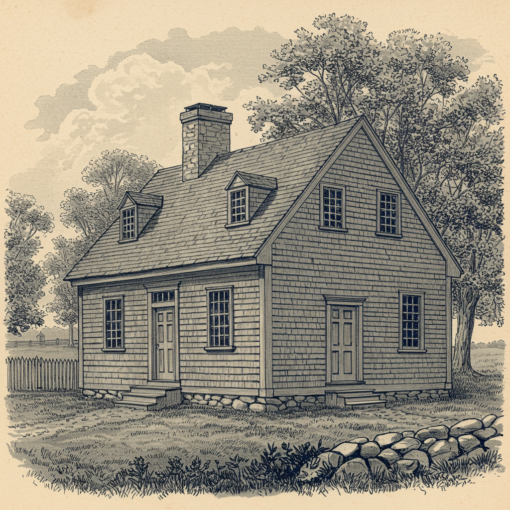 A New England Colonial saltbox cottage, c. 1750, with weathered shingle cladding running from foundation to ridge