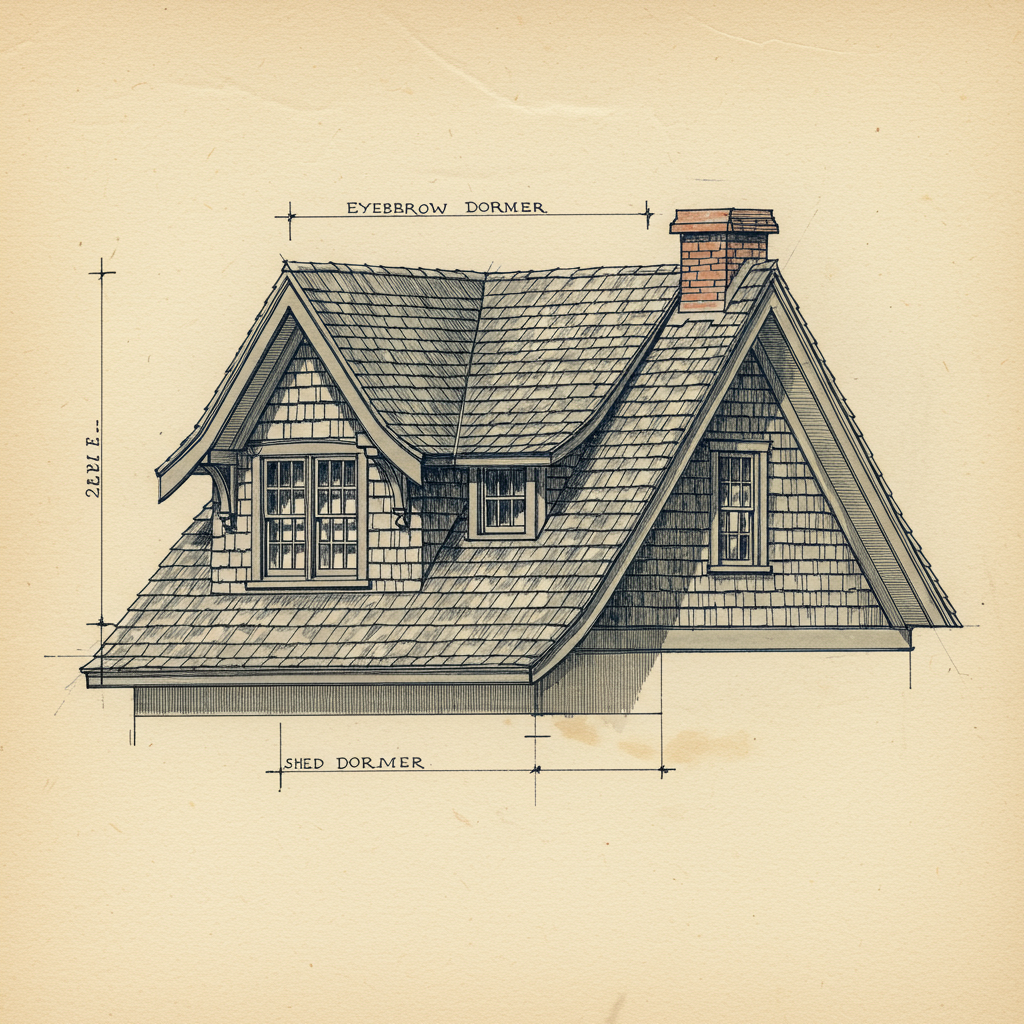 Detail of a sweeping low Shingle style roofline with eyebrow dormer