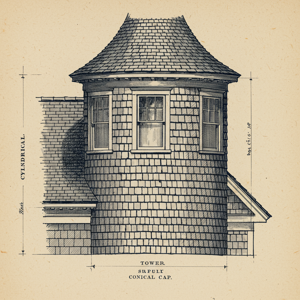 Detail of a round Shingle style corner tower with conical shingled cap continuous with the wall