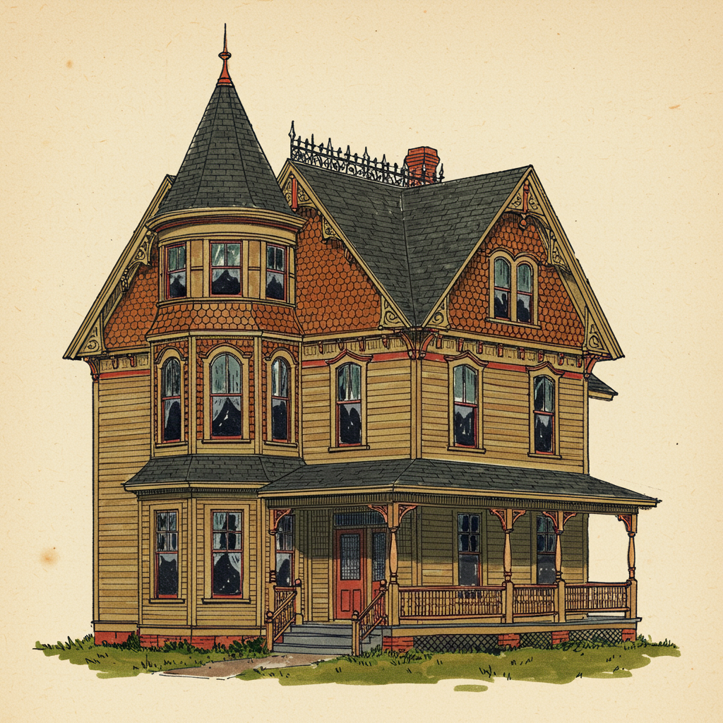 A Queen Anne house with asymmetric massing, varied wall textures, and an ornate corner turret