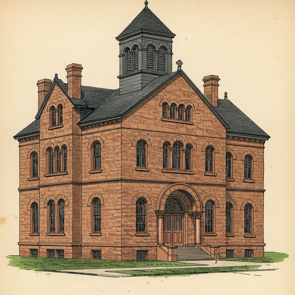 A Richardsonian Romanesque civic building in rough rusticated stone with deep round arches