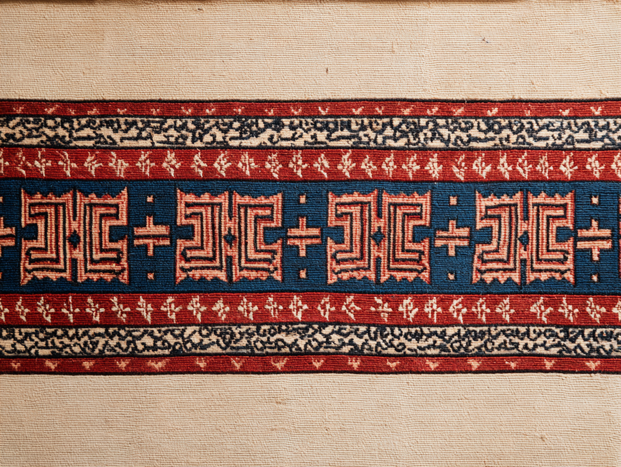 A close detail of a Shirvan kufic main border — angular script-derived geometric repeat