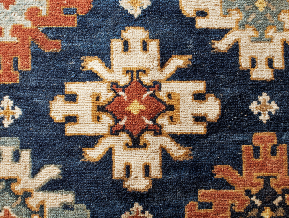 A close detail of a Shirvan star medallion and S-form repeat — small-scale eastern Caucasian devices on dark navy ground