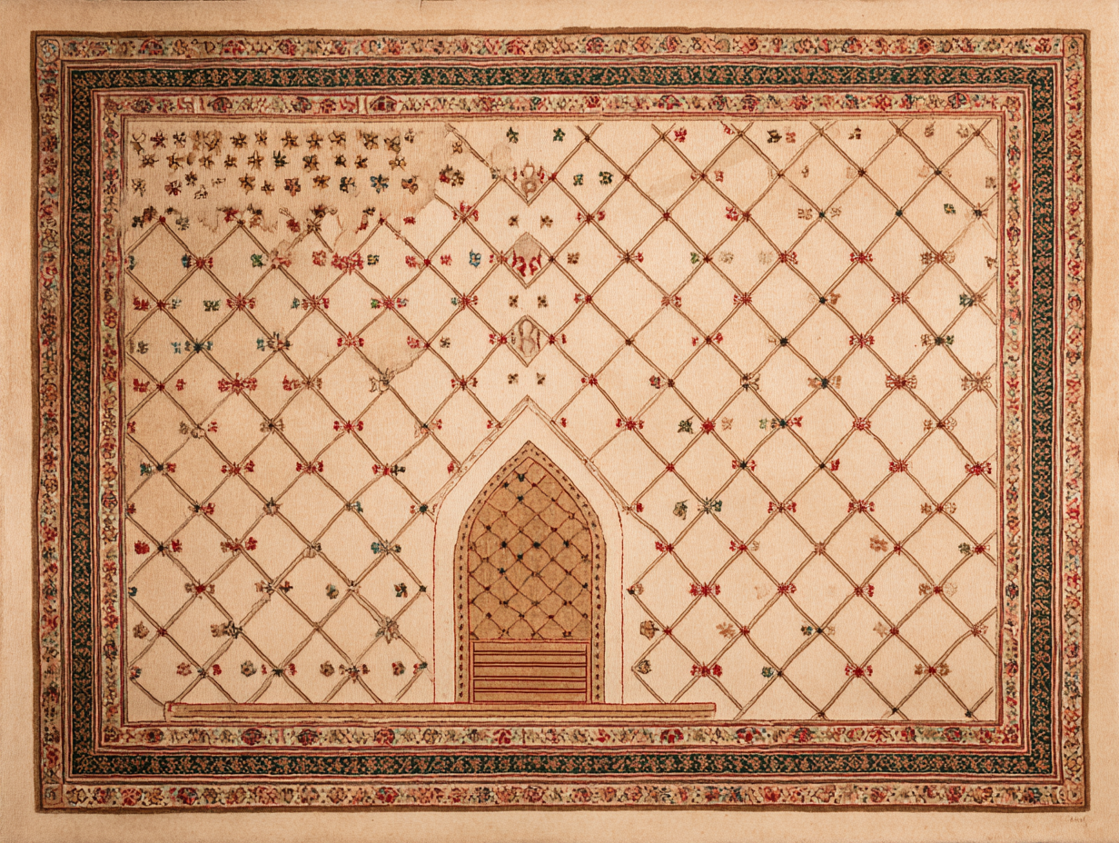 A Daghestan rug — northeastern Caucasian prayer-rug type with pale ivory ground and the regular diamond-lattice composition, distinct from the dark-ground field of Shirvan