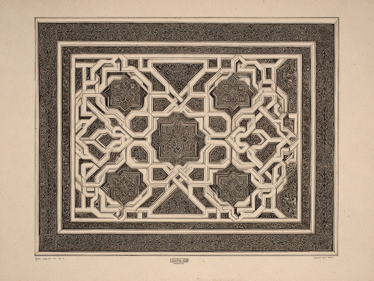A close detail of Spanish Baroque bone-and-ivory geometric inlay — Mudejar-derived geometric vocabulary on walnut ground