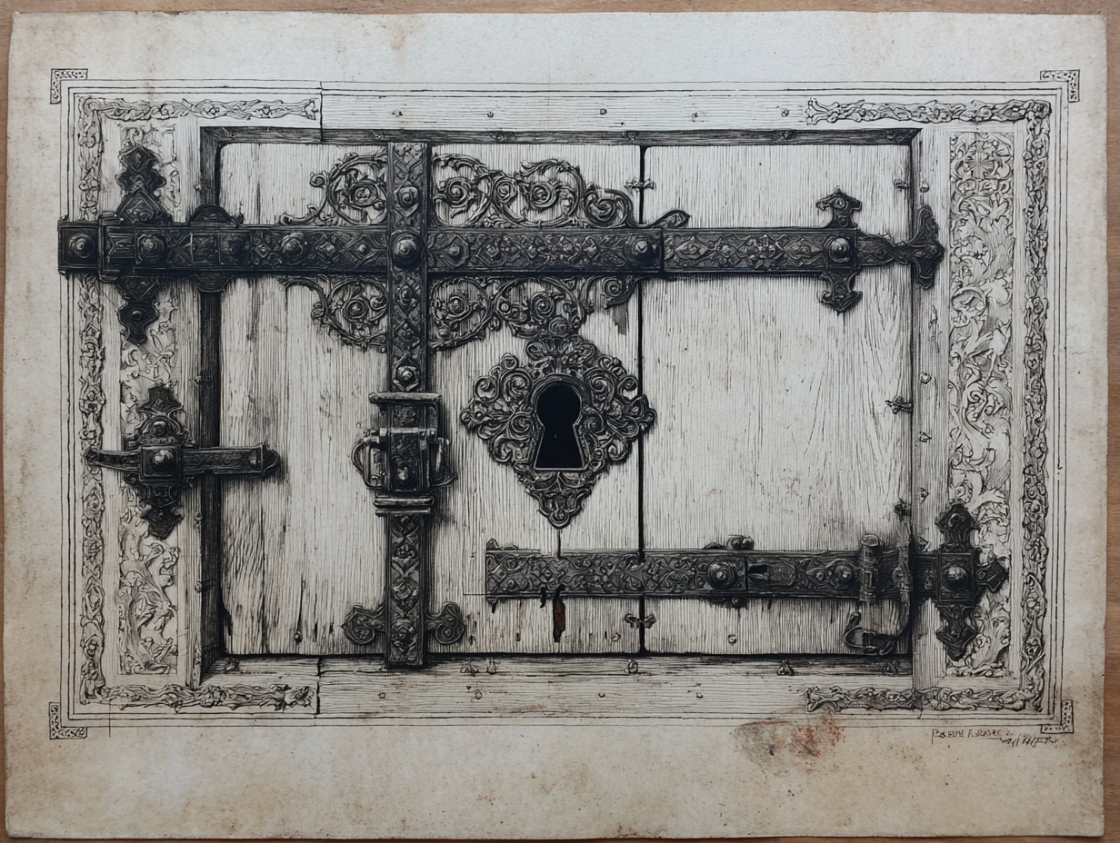 A close detail of Spanish Baroque iron studs and corner-mounts — heavy wrought ironwork on walnut