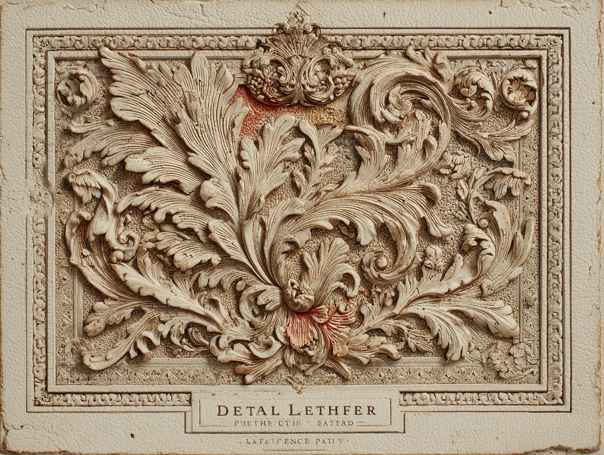 A close detail of Spanish Baroque tooled leather — the cordoban tooled-and-gilt leather interior of a vargueño