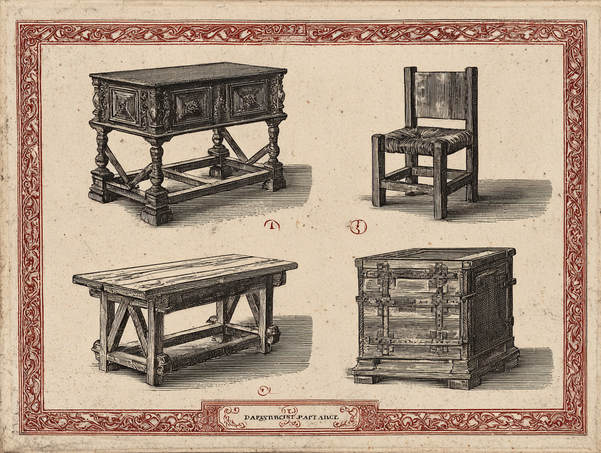 A page from a Toledo cabinet-maker's pattern book of the 17th c — vargueño, papelera, sillón, mesa