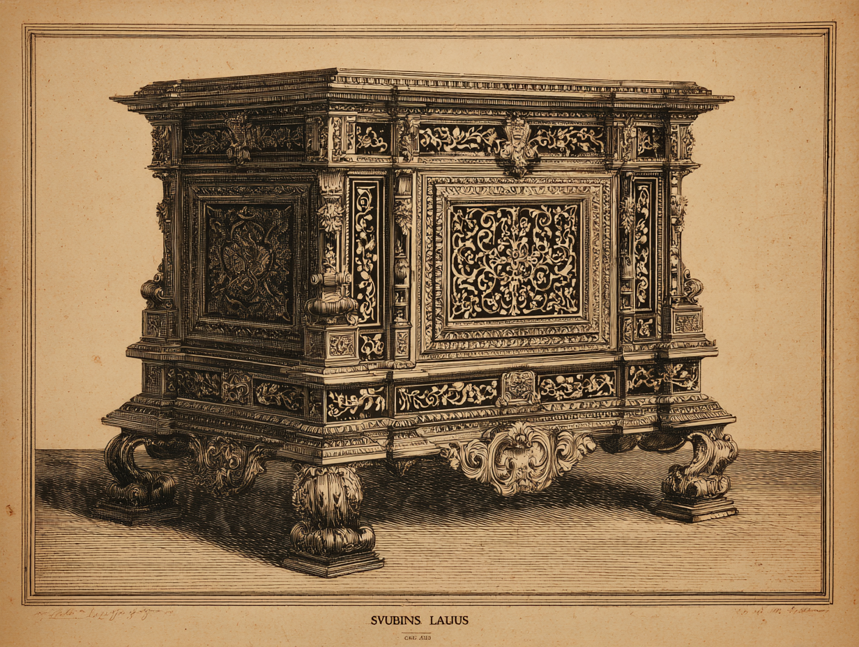 A French Louis XIV cabinet — heavy gilt-bronze ormolu and tortoiseshell-and-brass marquetry, distinct from Spanish vocabulary