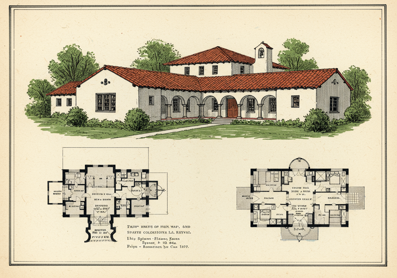 A page from a 1920s architects' pattern book showing a Spanish Colonial Revival house — perspective rendering with low tile roof and stucco walls, plus principal-floor plan and second-floor plan with central courtyard