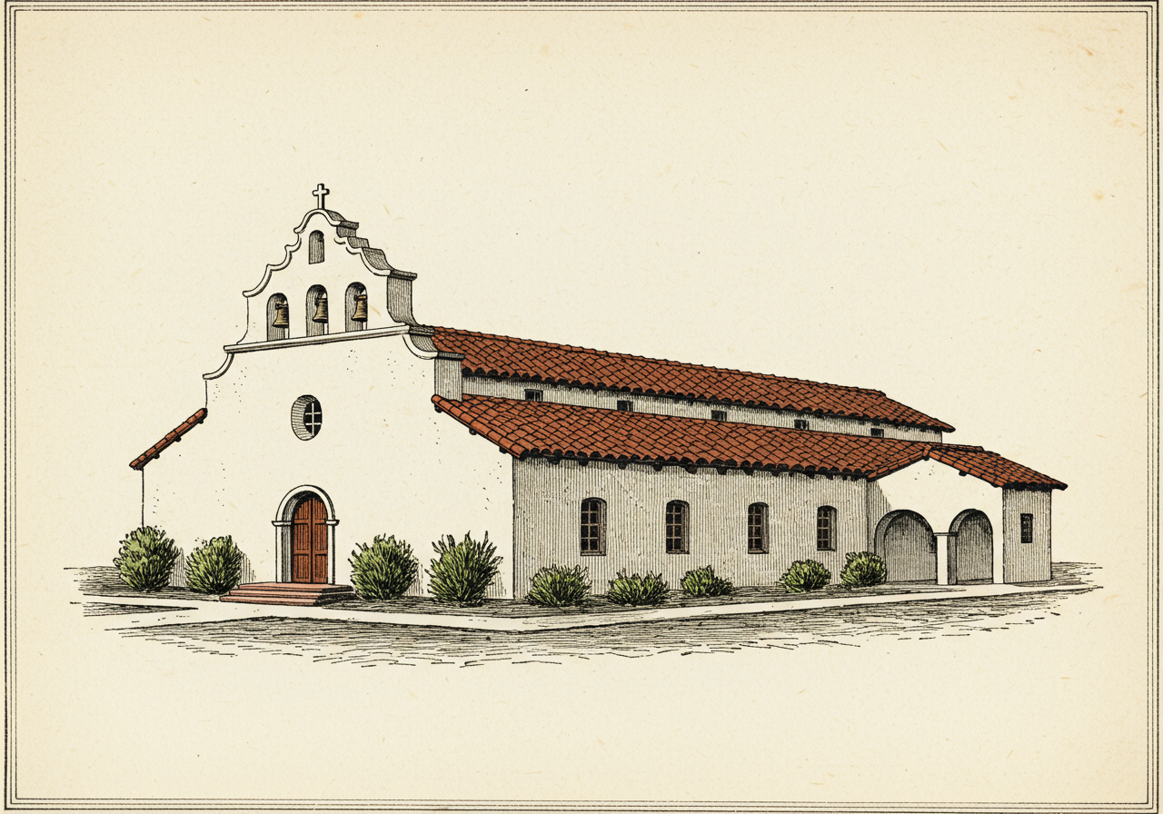 A Mission Revival building with smooth white stucco, low-pitched tile roof, curved Mission-style parapet over the entrance, simple campanario bell tower, restrained ornament, austere composition