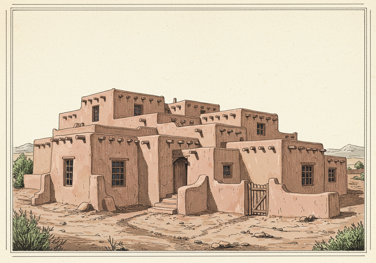 A Pueblo Revival / Santa Fe Style house with thick adobe-like walls, flat roof with projecting vigas (wooden roof beams), rounded corners, deep window reveals, soft earth-tone palette, Native American Pueblo references