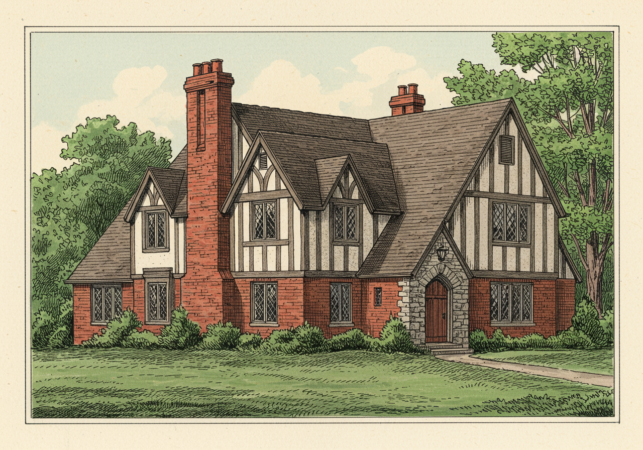 A Tudor Revival house with half-timbered upper storey above brick lower, steeply-pitched cross-gables, massive masonry chimney, mullioned casement windows, asymmetric picturesque composition
