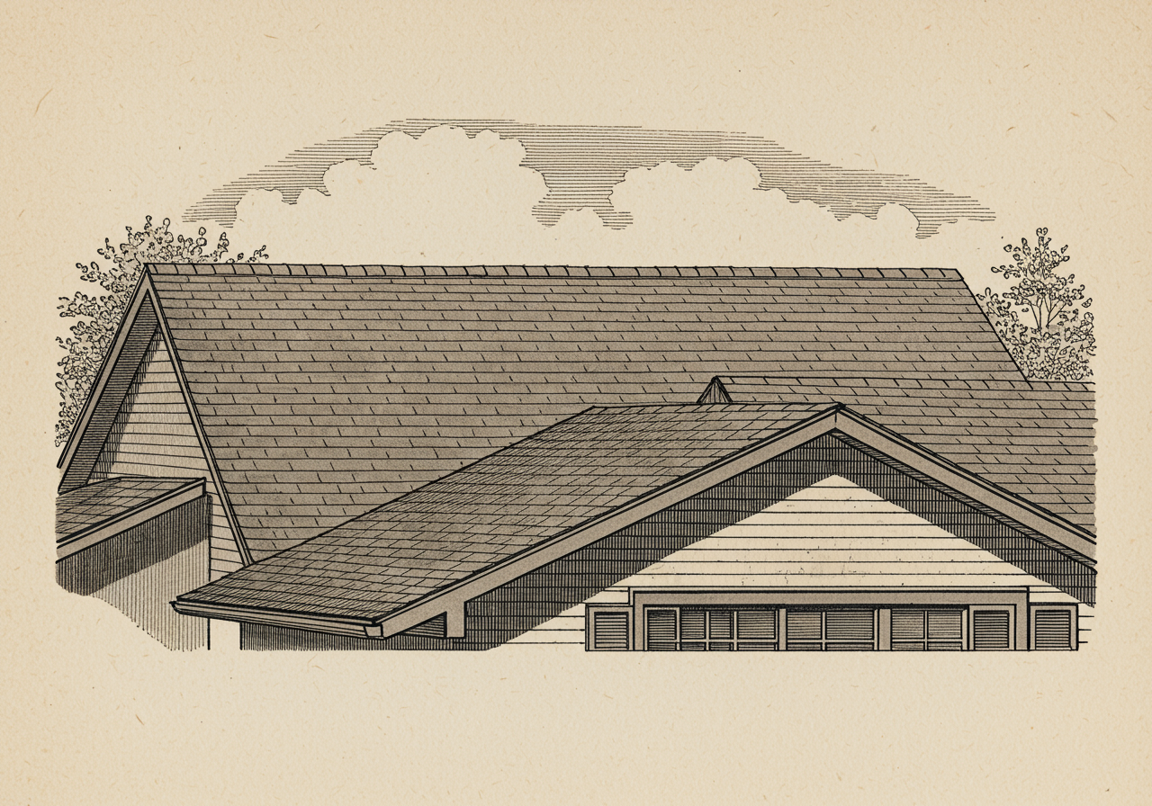 A close detail of a Split-Level continuous low-pitched roof — the roofline descending in two or three planes across the staggered floor levels below, a single low-pitched gable with the ridge running along the long axis, eaves projecting twelve to twenty-four inches