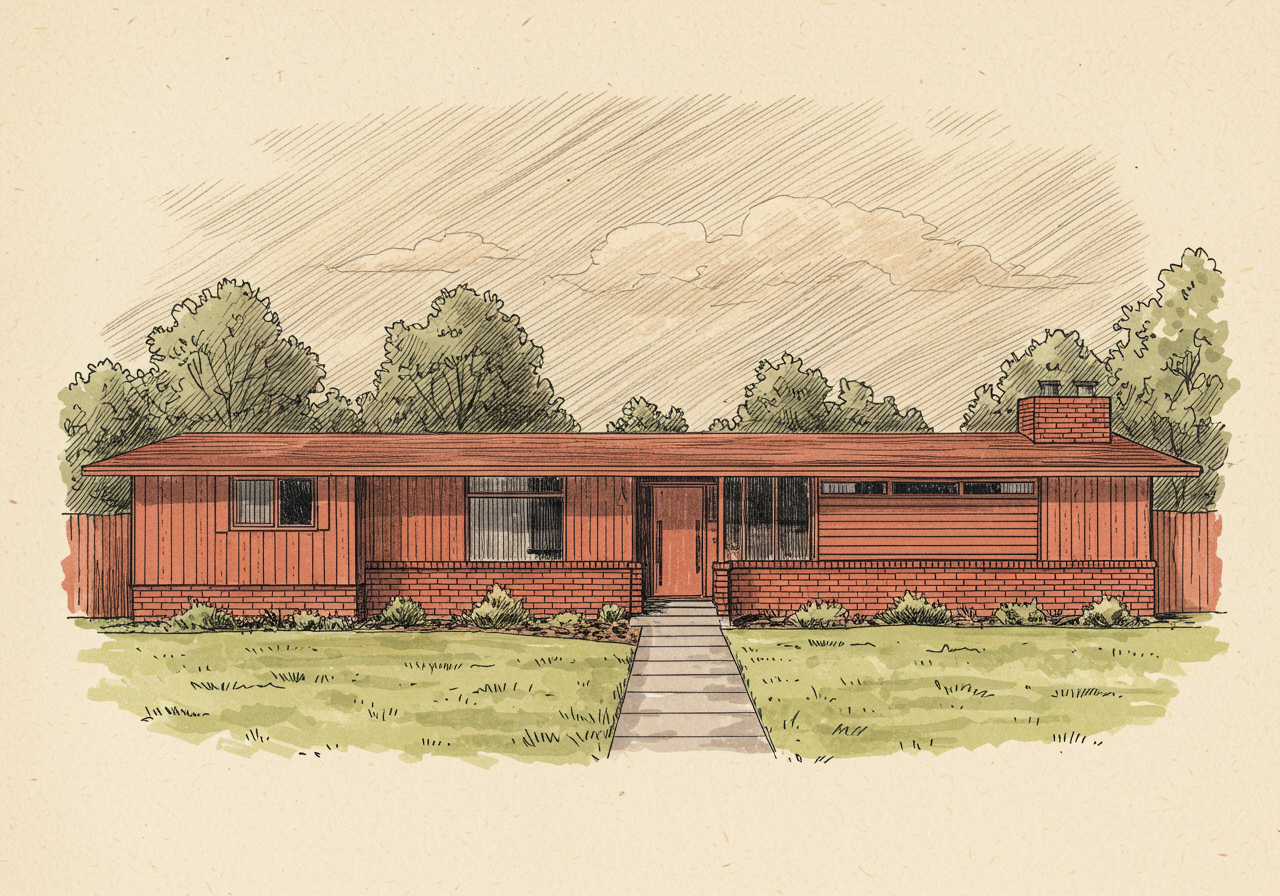 A California Ranch house — one-storey horizontal sprawl with low-pitched gable, broad eaves, mixed-material wall surface, picture window, attached two-car garage projecting forward of the front facade — all on a single level on a flat lot