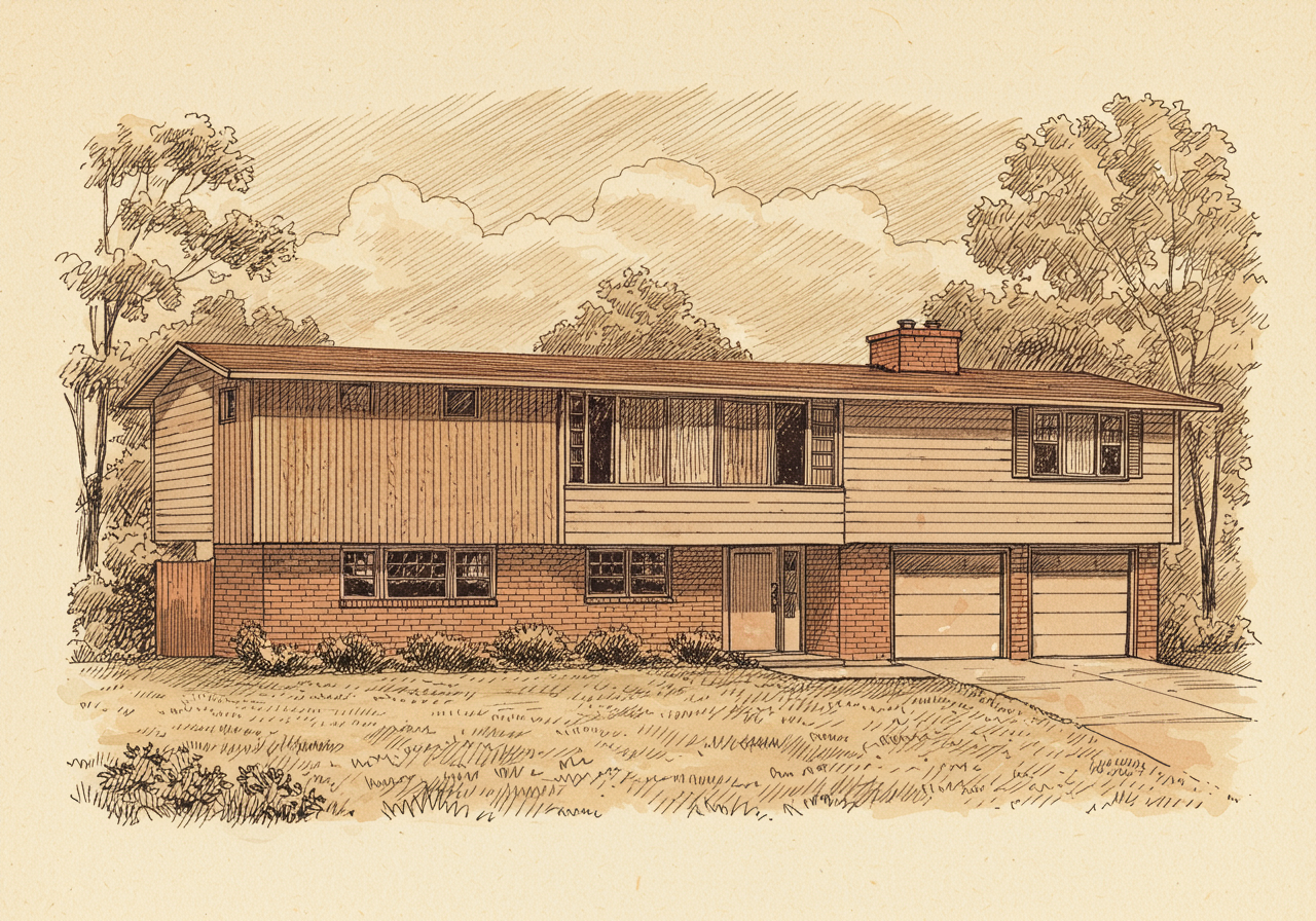 A Raised Ranch house — a single-level Ranch lifted on a half-storey above-grade basement, with the principal floor reached by an exterior flight of stairs to a centred entry, the lower level finished as family room and garage — structurally a Ranch-on-a-basement, not a staggered-levels plan