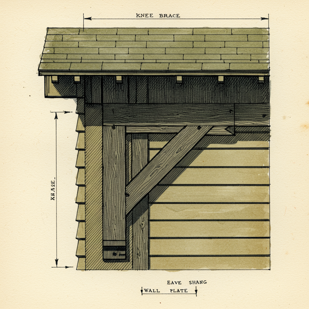 Detail of a wooden knee brace under the projecting eaves of a Stick style house