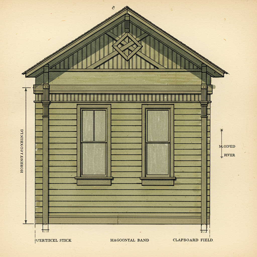Detail of applied wooden stickwork — vertical, horizontal, and diagonal boards on a clapboard wall