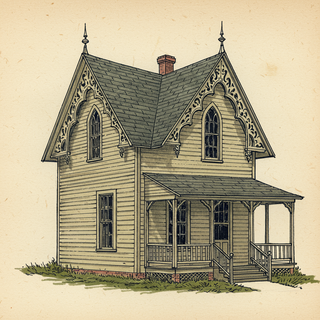 A Gothic Revival cottage with a steep gable, vergeboarded roofline, and pointed-arch lancet window
