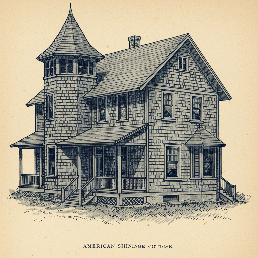A Shingle style cottage with sweeping rooflines and uniform shingle cladding wrapping the entire building