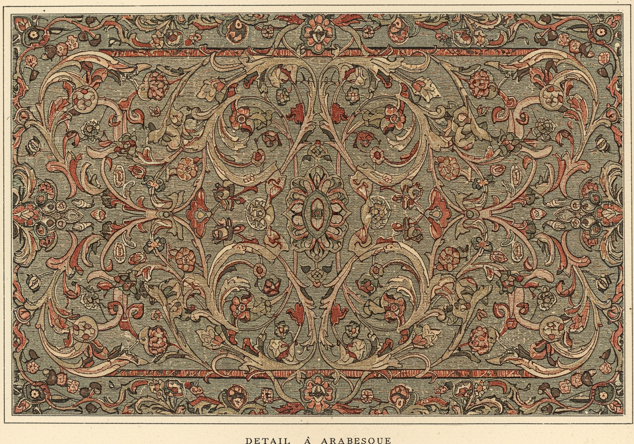 A close detail of Tabriz arabesque ornament — scrolling vine, curling leaves, and palmette pendants in continuous curvilinear drawing