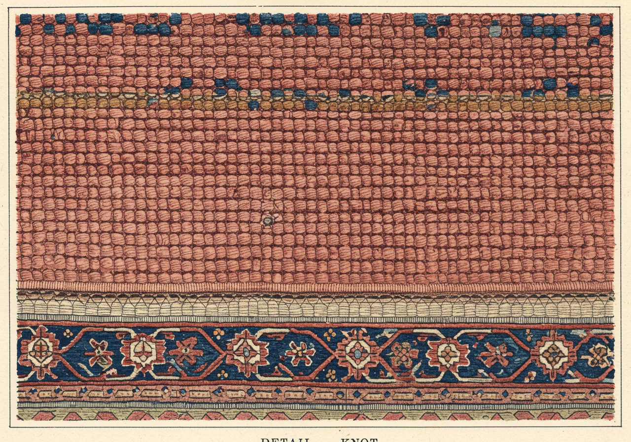 The back of a Tabriz rug at magnification — symmetrical Turkish knots packed densely on a finely-spun cotton foundation, with a Persian Nastaliq signature trace visible in the lower border