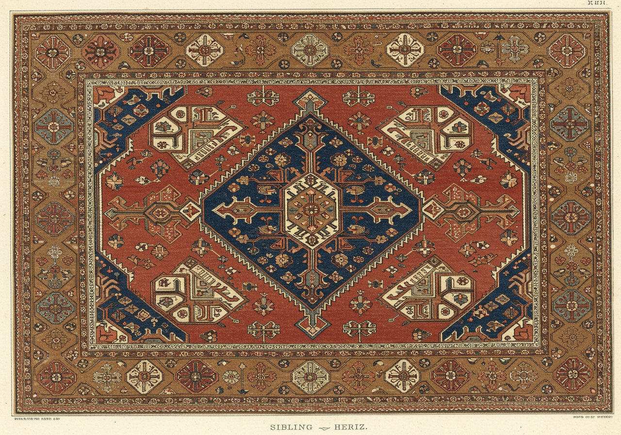 A Heriz rug with stepped octagonal indigo medallion on a brick-red field, ivory spandrels stepped to mirror the medallion, walnut-brown border with stylised vine — every motif rectilinear in pointed contrast to Tabriz's curvilinear vocabulary