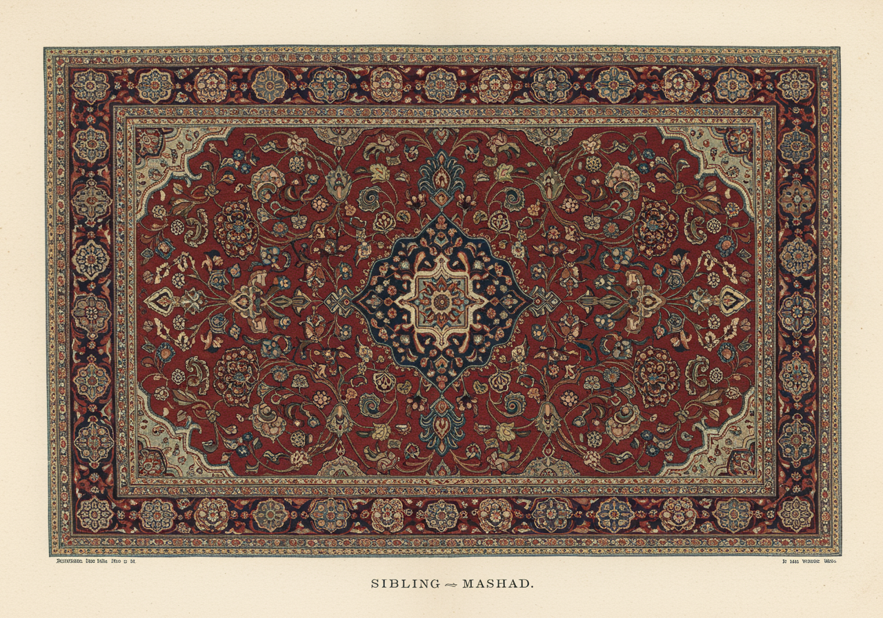 A Mashad rug with single navy curvilinear central medallion on a deep wine-red ground, dense allover floral field carrying through to the border without spandrels