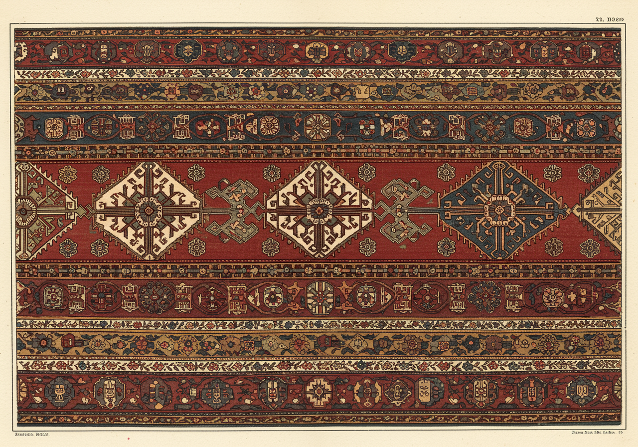 A close detail of a Tekke main border — kepse or qotchak repeat in the Turkmen tribal register