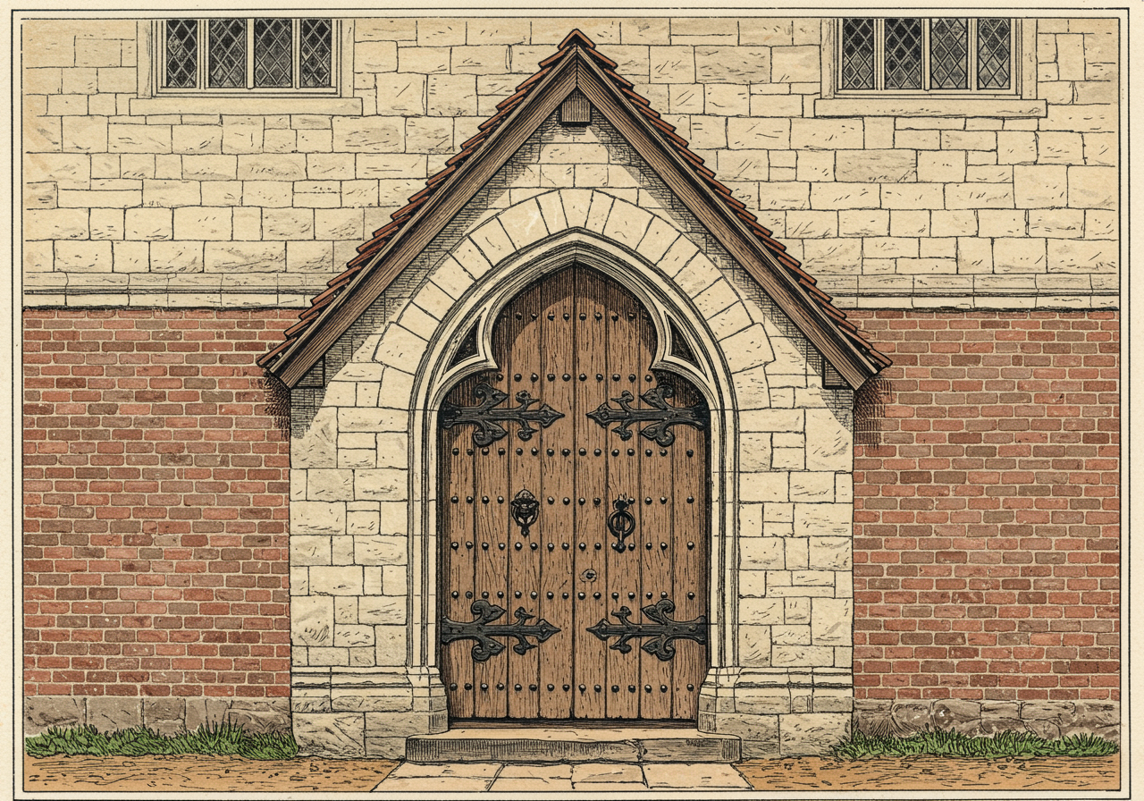 The principal entrance of a Tudor Revival house — a heavy panelled oak door with iron strap-hinges, set under a Tudor-arched stone surround of cut voussoirs, with no porch or only a small projecting hood