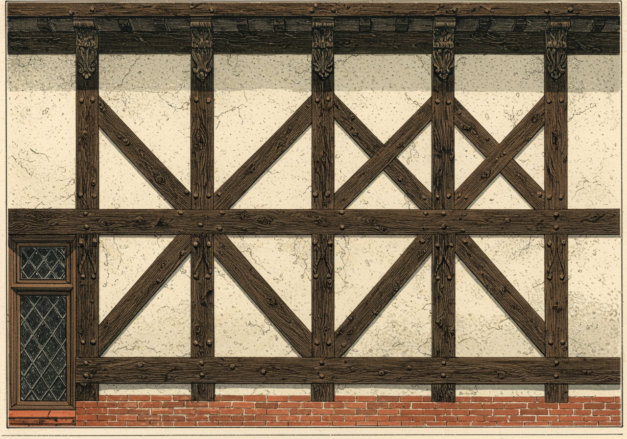 A close detail of decorative half-timbering on the upper storey of a Tudor Revival house — dark wood timbers against light stucco infill, with vertical posts, horizontal rails, and decorative diagonals