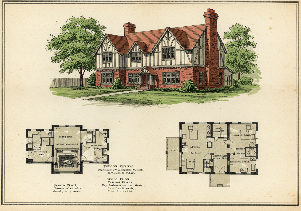 A page from a 1920s suburban architects' pattern book showing a Tudor Revival house — perspective rendering, principal-floor plan, second-floor plan, and brief specifications for a substantial suburban commission