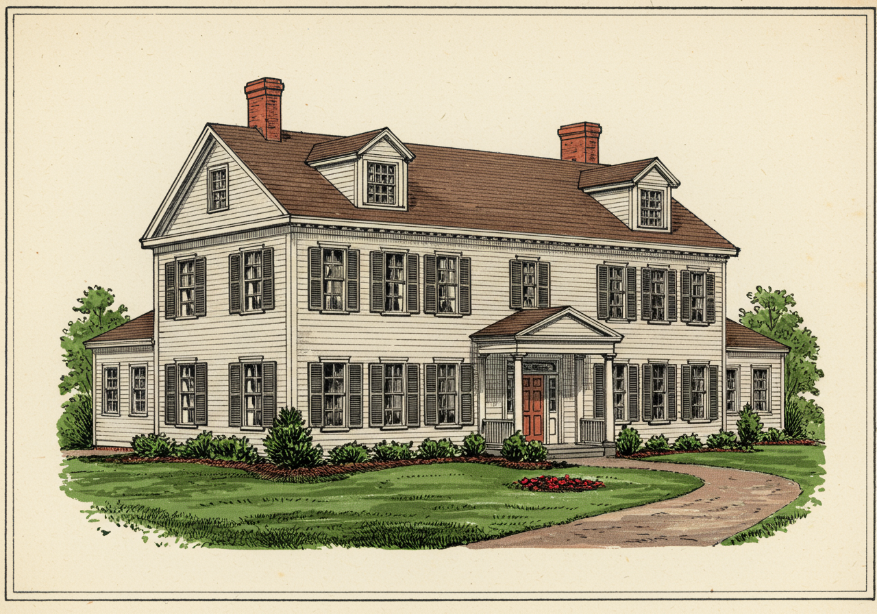 A symmetric Colonial Revival house with central pedimented portico, six-over-six sash windows with shutters, white-painted clapboard, and a regular box-form plan