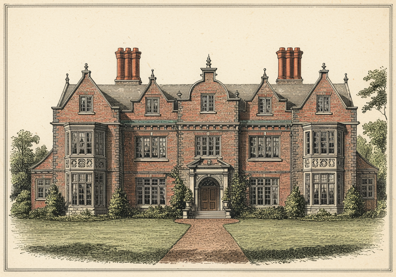 A symmetric Jacobean Revival house with flat shaped gables of Dutch-influenced profile, mullioned bay windows, brick and stone walls in regular composition